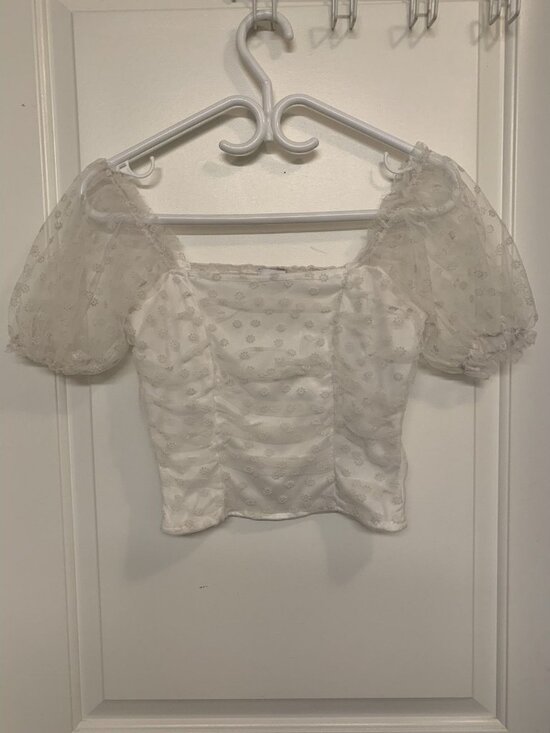 White Crop Top Small With Puff Sleeves Sheer Mesh Ruching Floral Lace - Picture 1 of 7